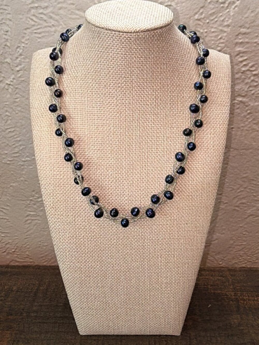 NWT Navy Freshwater Pearl Sea Glass Beaded Layered Floating Necklace Gift Box